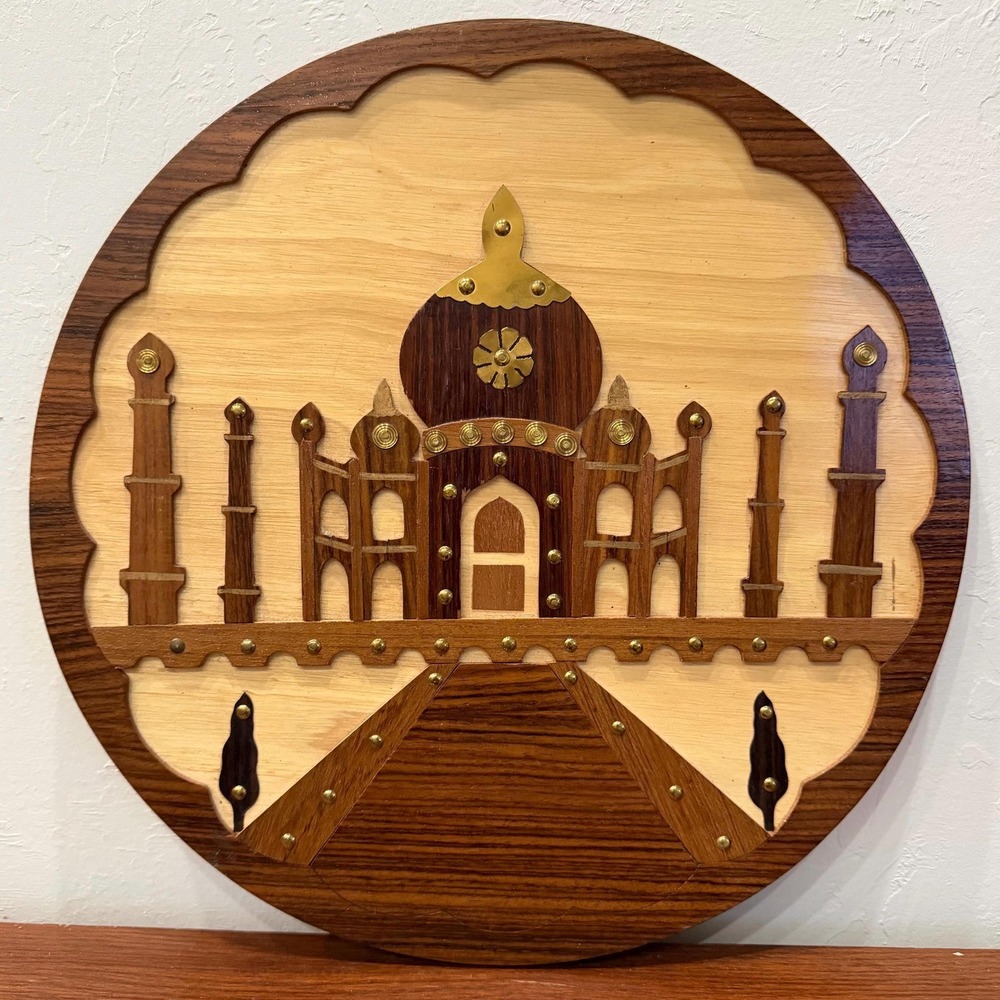 Vintage Indian Taj Mahal Wood Inlay Wall Plaque Round Brass Studded Handmade